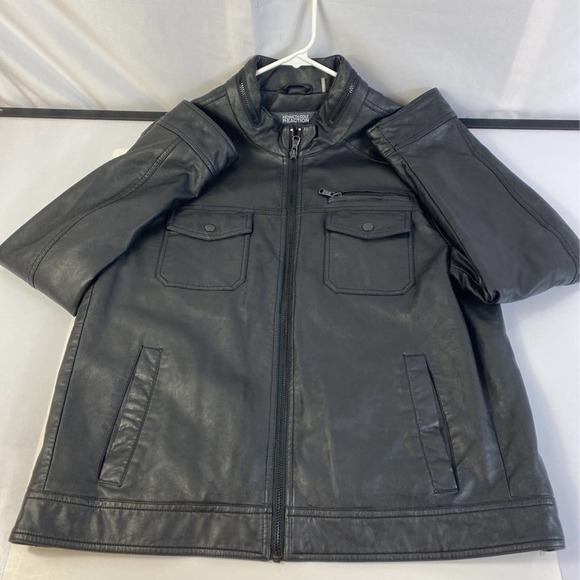 Kenneth Cole Reaction Mens Moto Jacket Black Flap Pockets Mock Neck Hip Length L - Picture 1 of 7